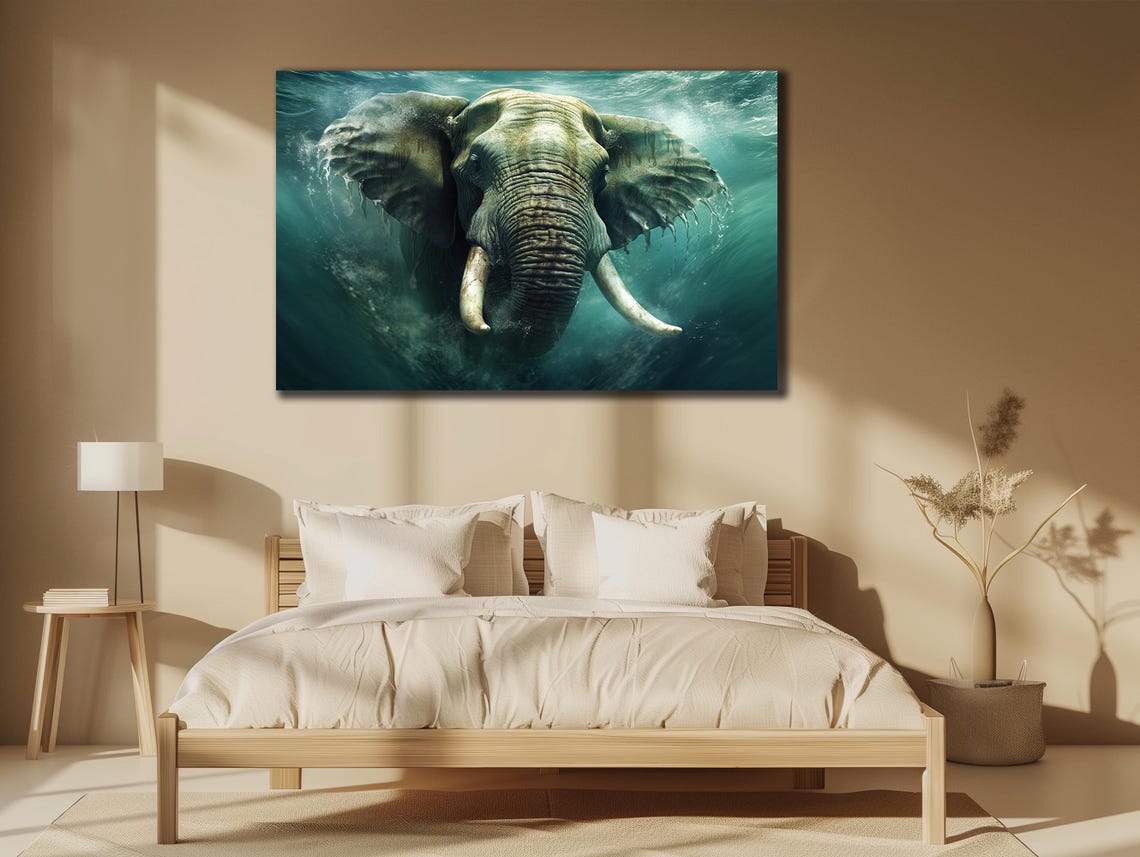 African Elephant Underwater Deep Teal Ocean Wildlife Painting Poster
