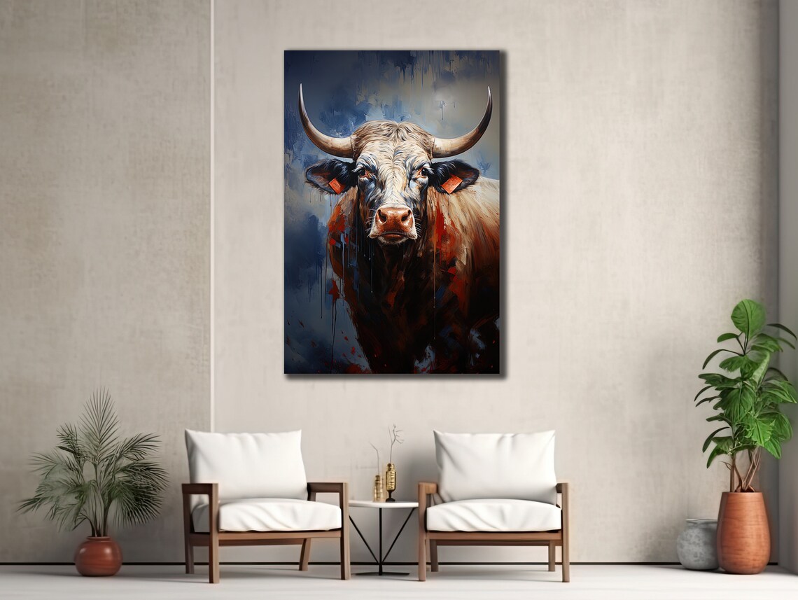 Horned Bull Portrait Abstract Blue Red Cow Farmhouse Art Poster