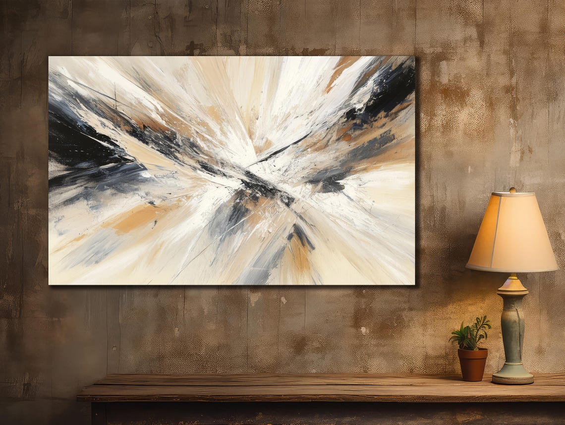Beige Black Abstract Explosion Dynamic Brushstroke Modern Art Poster - Image 2