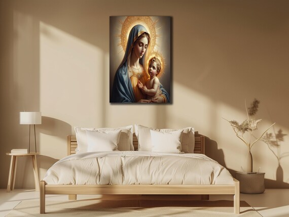 Virgin Mary Holding Baby Jesus Golden Halo Classic Religious Wall Art Poster