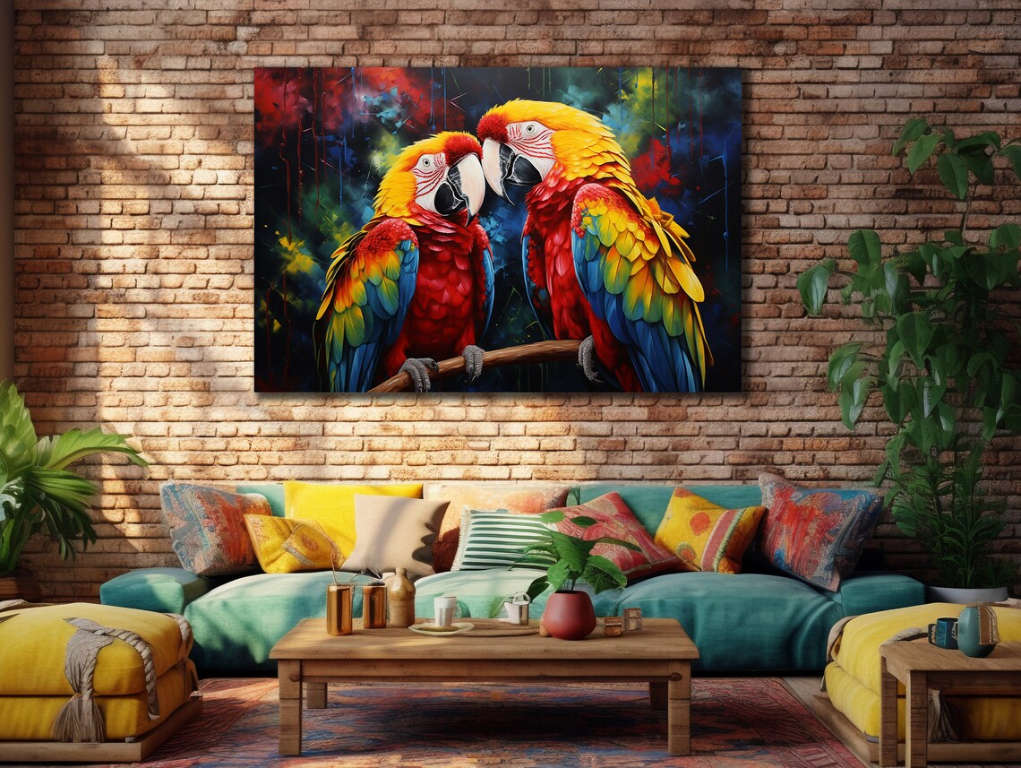 Two Scarlet Macaw Parrots Branch Vivid Tropical Bird Art Poster