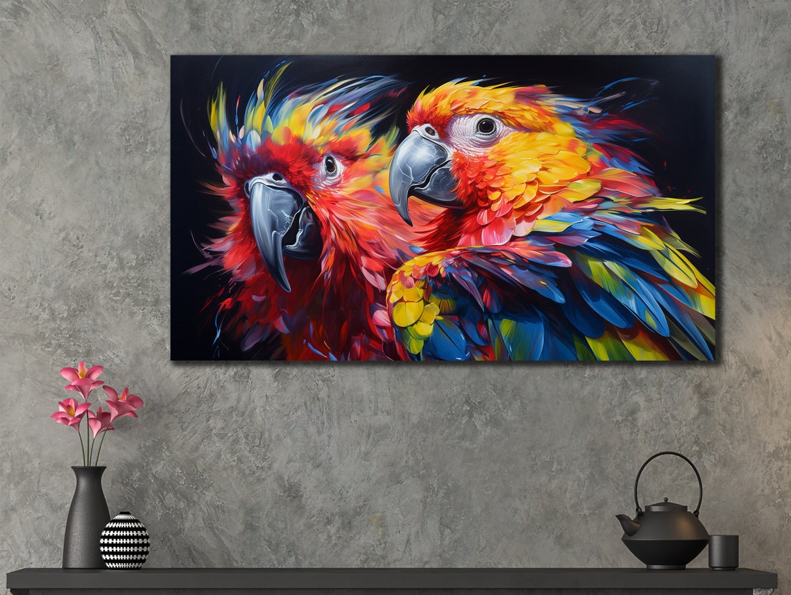 Two Macaw Parrots Vivid Red Blue Close Up Tropical Wall Art Print - Image 2