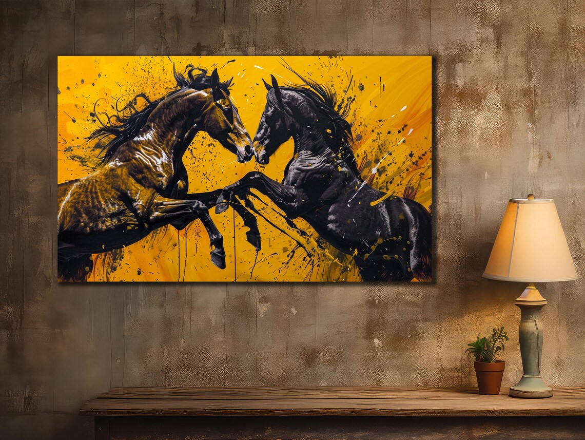 Two Rearing Horses Nose to Nose Vivid Yellow Abstract Stallion Print - Image 3