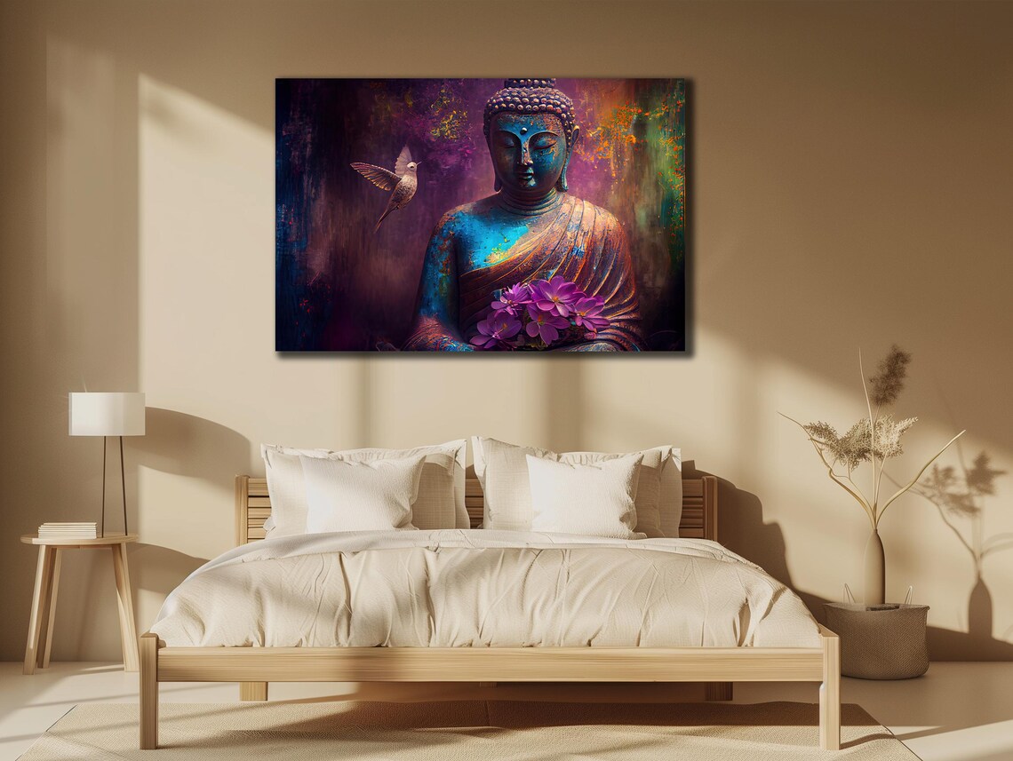 Colorful Buddha Orchids Hummingbird Vibrant Spiritual Wall Art Print