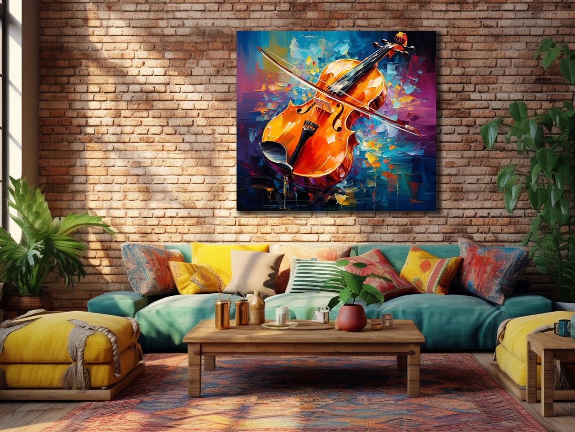 Orange Violin Bow Blue Purple Abstract Dynamic Strings Art Poster - Image 3