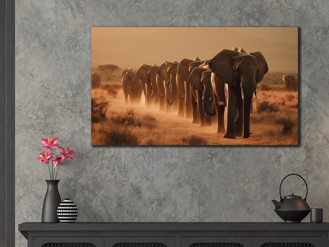 Elephant Herd Walking Savanna Golden Dust African Wildlife Poster - Image 3