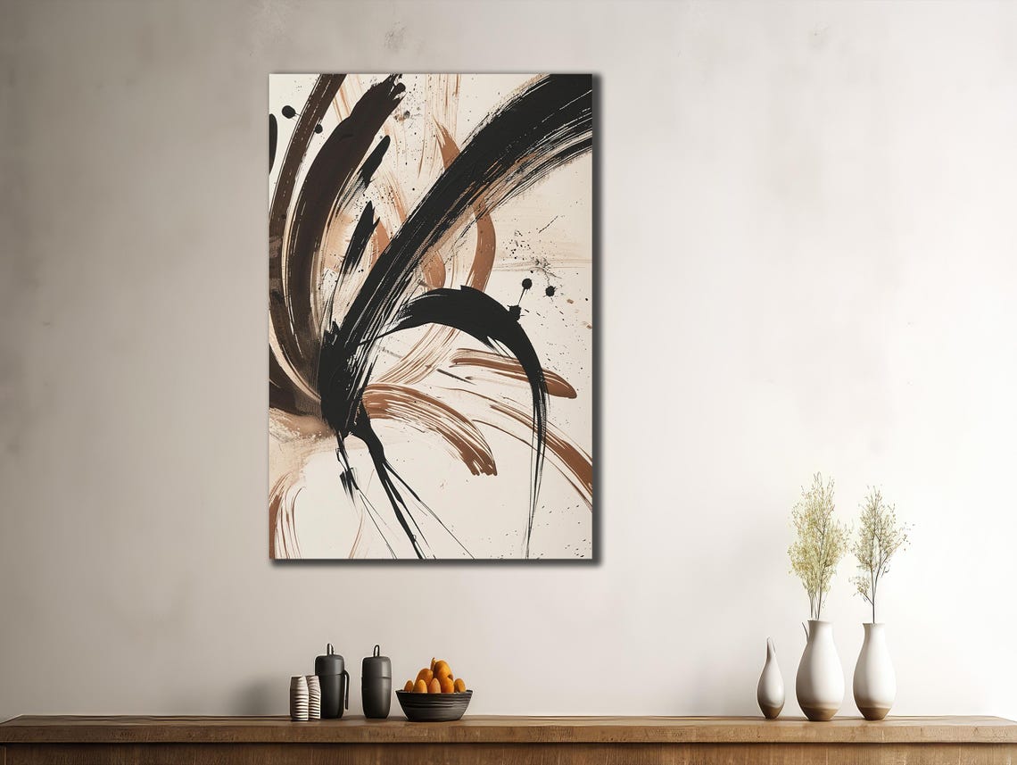 Minimalist Beige Black Abstract Brushstroke Line Art Modern Poster - Image 3