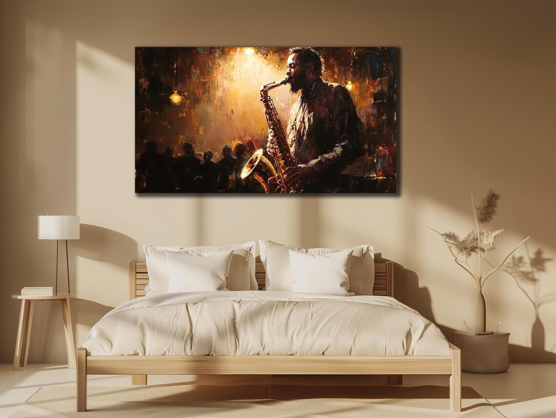 Jazz Saxophone Player Dark Club Golden Light Music Painting Poster - Image 3