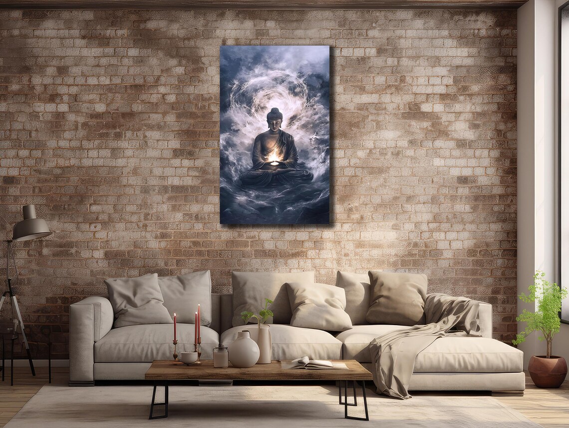 Buddha Meditating Storm Clouds Glowing Light Zen Spiritual Wall Art Poster