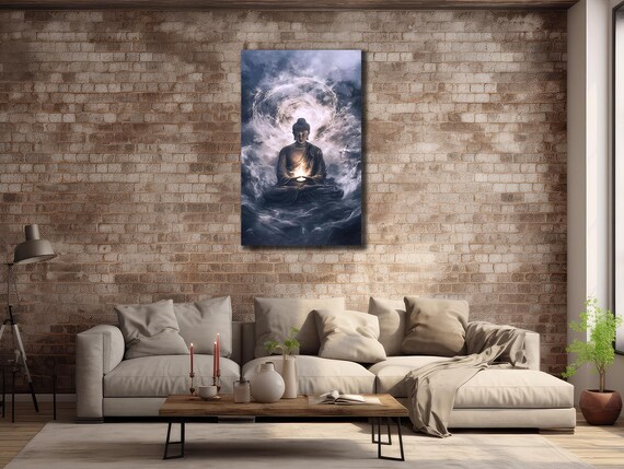 Buddha Meditating Storm Clouds Glowing Light Zen Spiritual Wall Art Poster