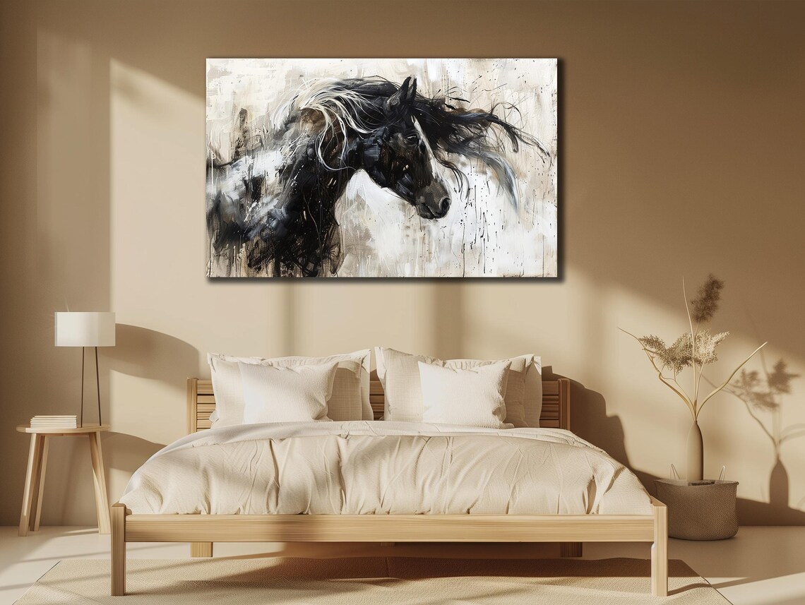 Black Horse Head Monochrome Ink Splash Portrait Equestrian Art Print - Image 3