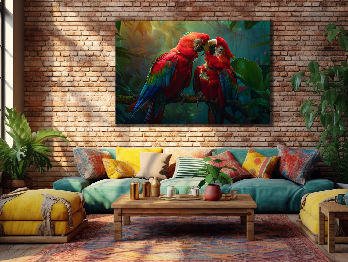 Scarlet Macaw Parrot Pair Jungle Love Tropical Birds Art Poster
