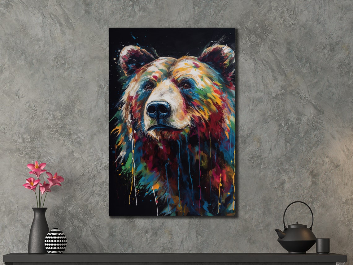 Bear Face Black Background Rainbow Drip Wildlife Wall Art Print - Image 2