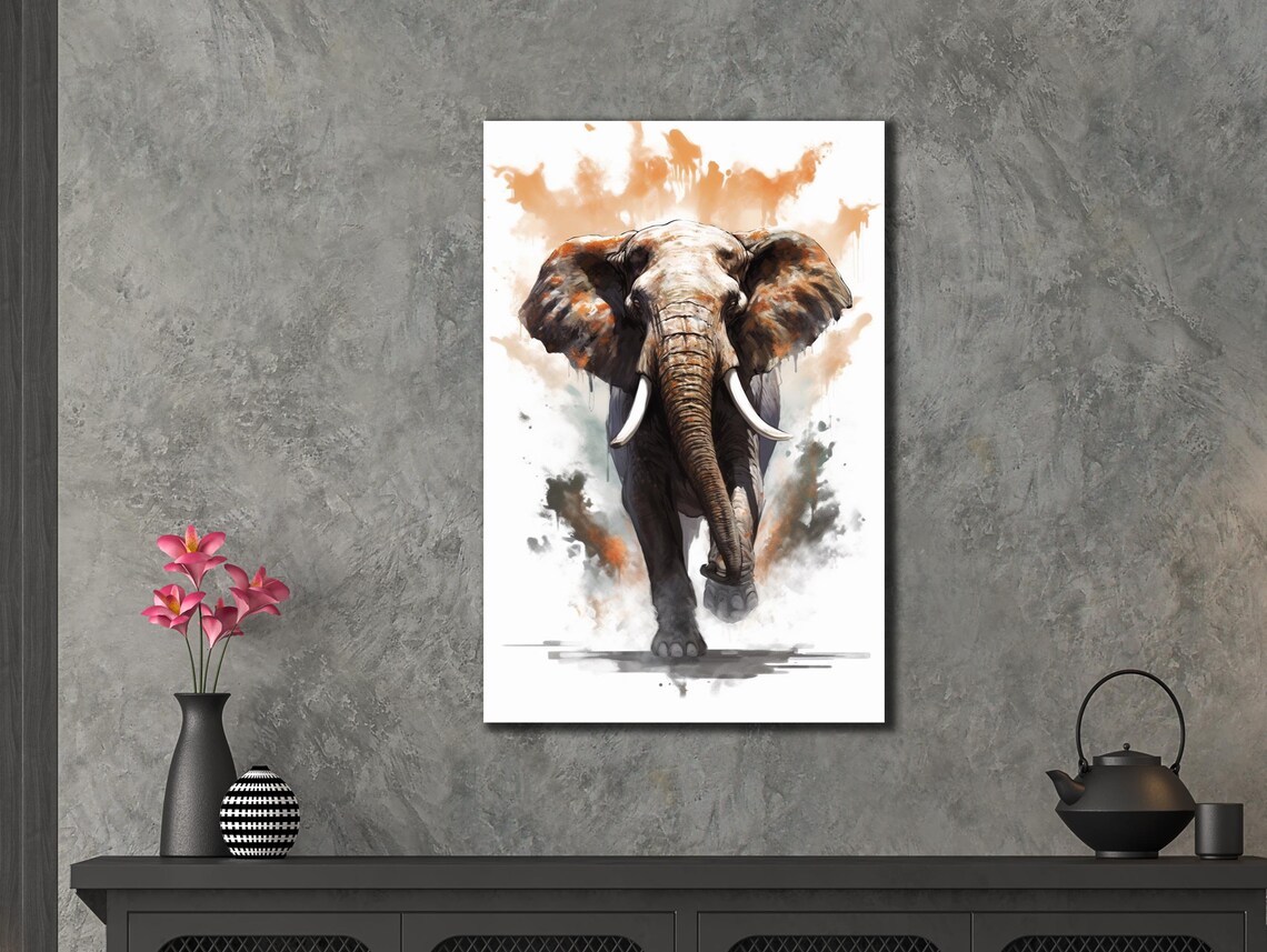 Watercolor Elephant Walking Forward Orange Splashes Animal Wall Art Print - Image 3