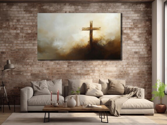 Golden Cross Silhouette Misty Sunrise Spiritual Minimalist Wall Poster