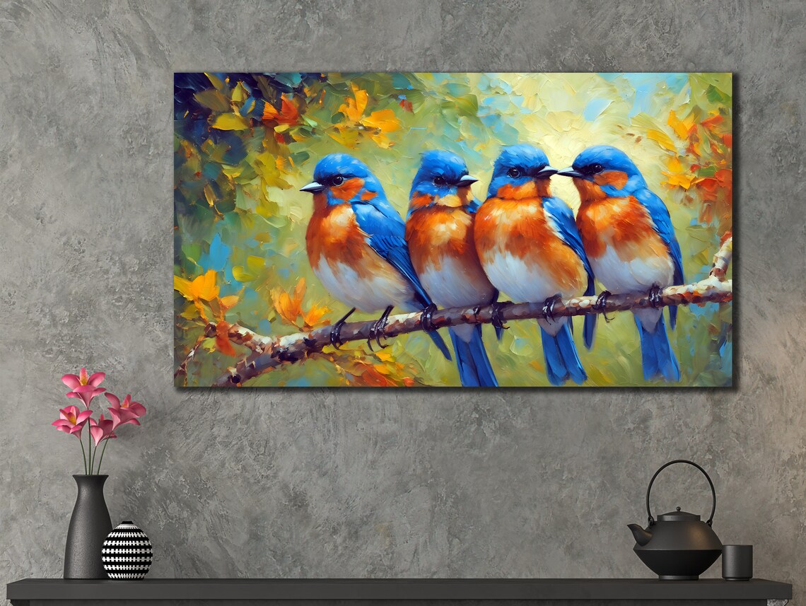 Four Bluebirds Perched Together On Branch Colorful Art Poster - Image 2