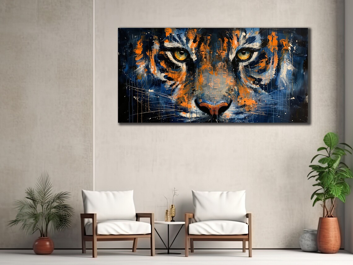 Tiger Face Close Up Orange Blue Eyes Bold Wildlife Art Poster - Image 2
