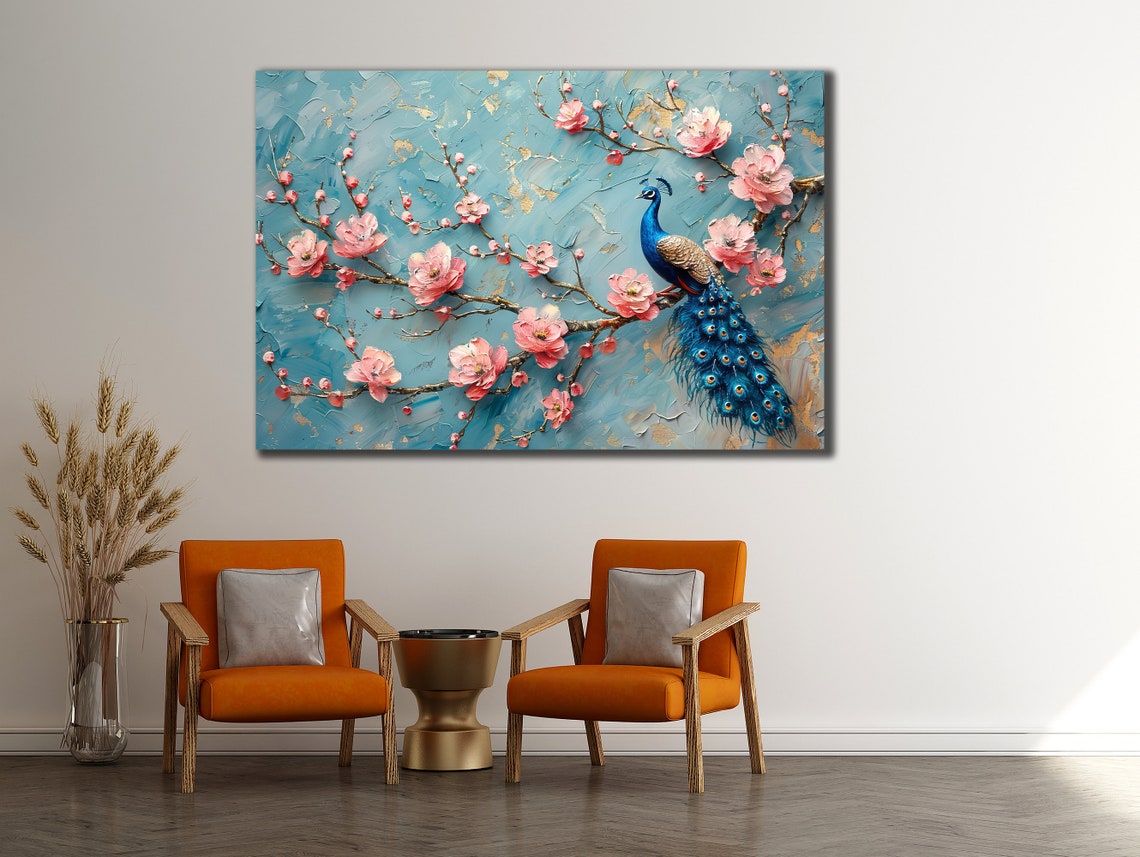 Peacock Perched Among Pink Blossoms Impasto Style Wall Art Poster - Image 2