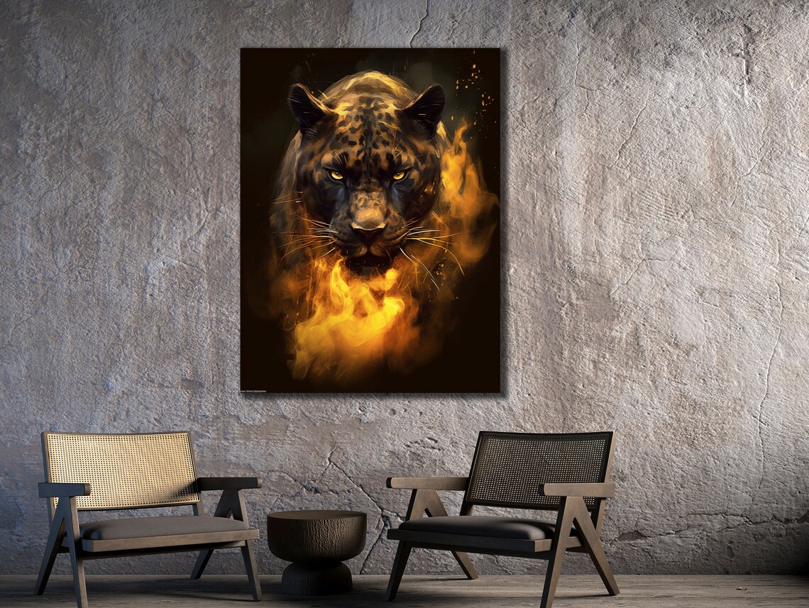 Fiery Leopard Head Golden Flames Dark Background Big Cat Wildlife Art Poster - Image 2