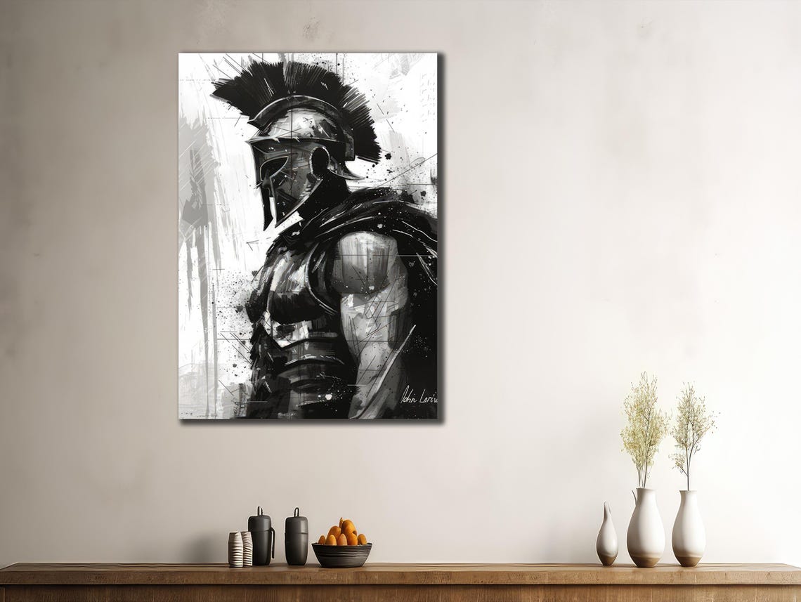 Spartan Warrior Helmet Black White Grunge Knight Battle Art Poster