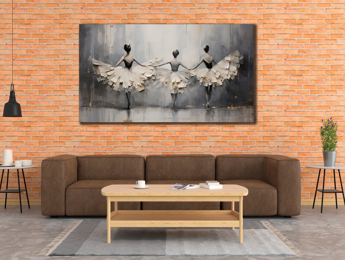 Three Ballerinas Gray Painting Back View Elegant Ballet Dancers Trio Wall Poster - Image 2