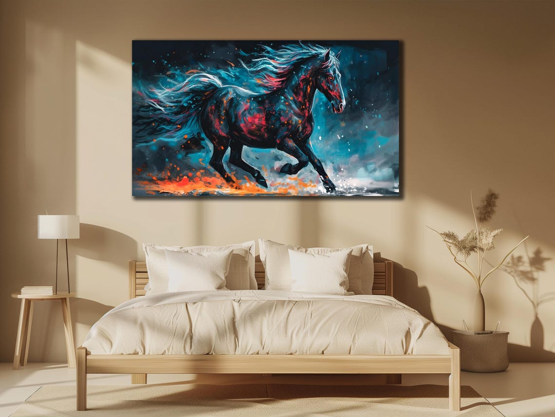 Cosmic Neon Horse Galaxy Stallion Blue Red Fire Night Art Print