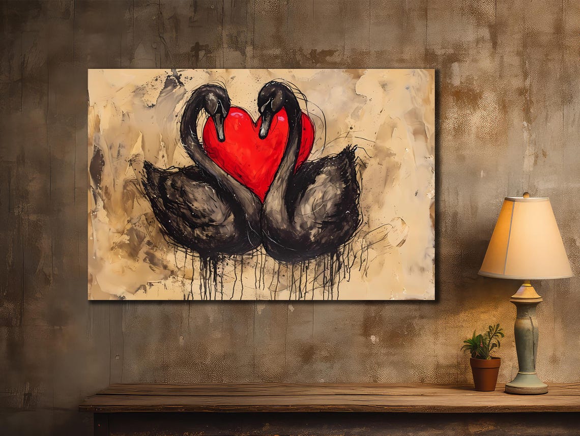 Two Black Swans Red Heart Love Romantic Couple Elegant Wall Poster - Image 2