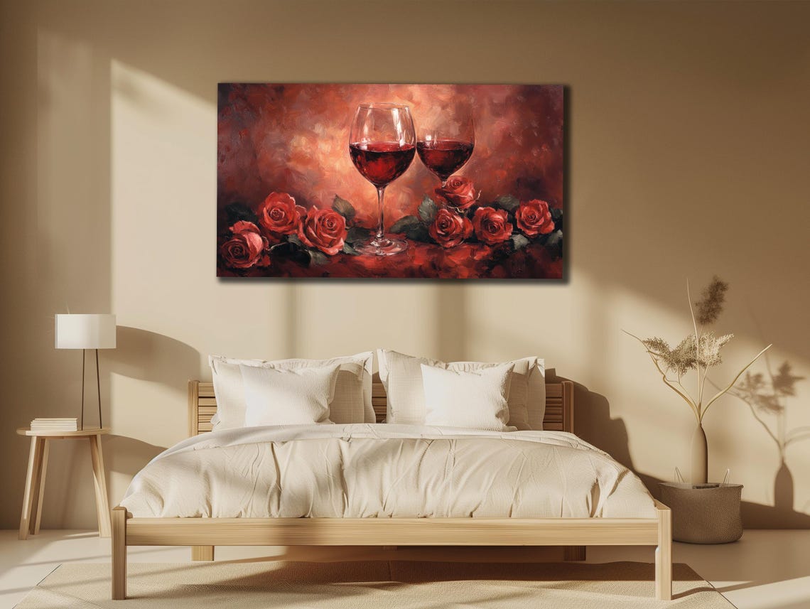 Red Wine Glasses Red Roses Romantic Still Life Painting Poster - Image 3