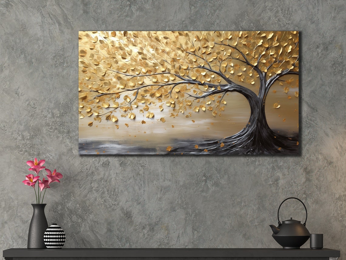 Golden Tree Dark Branches Gold Leaves Textured Nature Wall Art Poster - Image 2