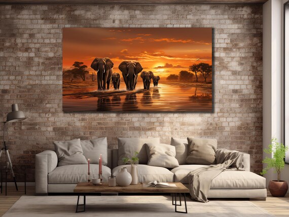 African Elephant Herd Sunset River Crossing Savanna Wildlife Art Poster