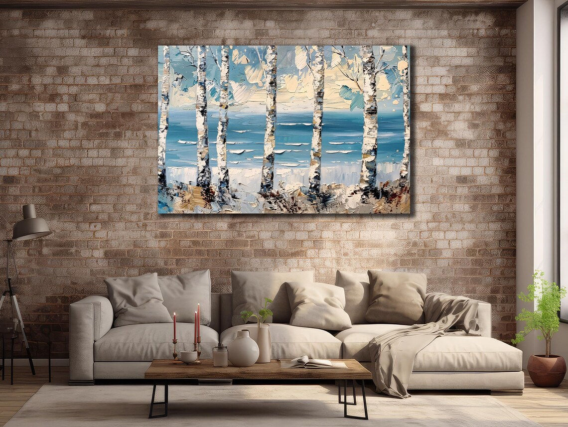 Birch Trees Winter Blue Sea Impasto Landscape Painting Travel Poster - Image 3