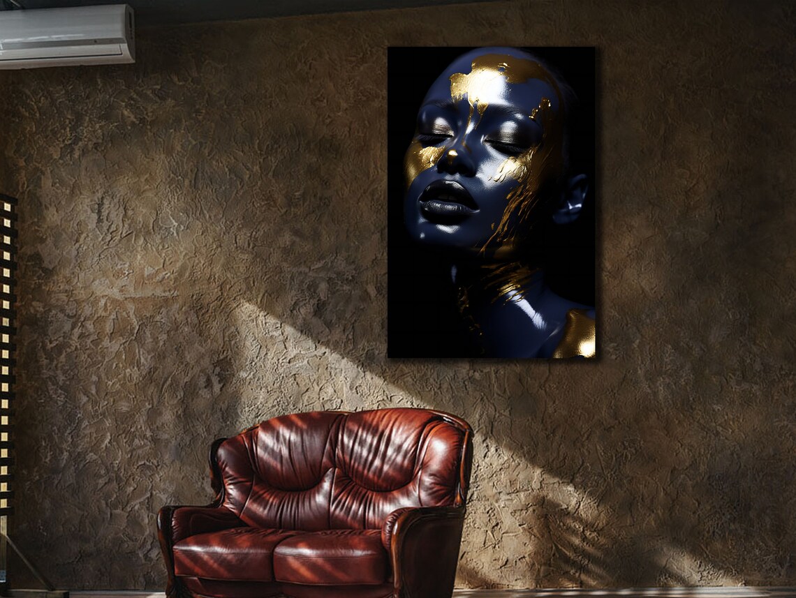 Golden Blue Woman Face Paint Striking Abstract Portrait Wall Art - Image 2