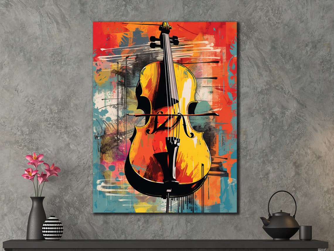 Cello Standing Abstract Brushwork Orange Yellow Strings Art Poster - Image 3
