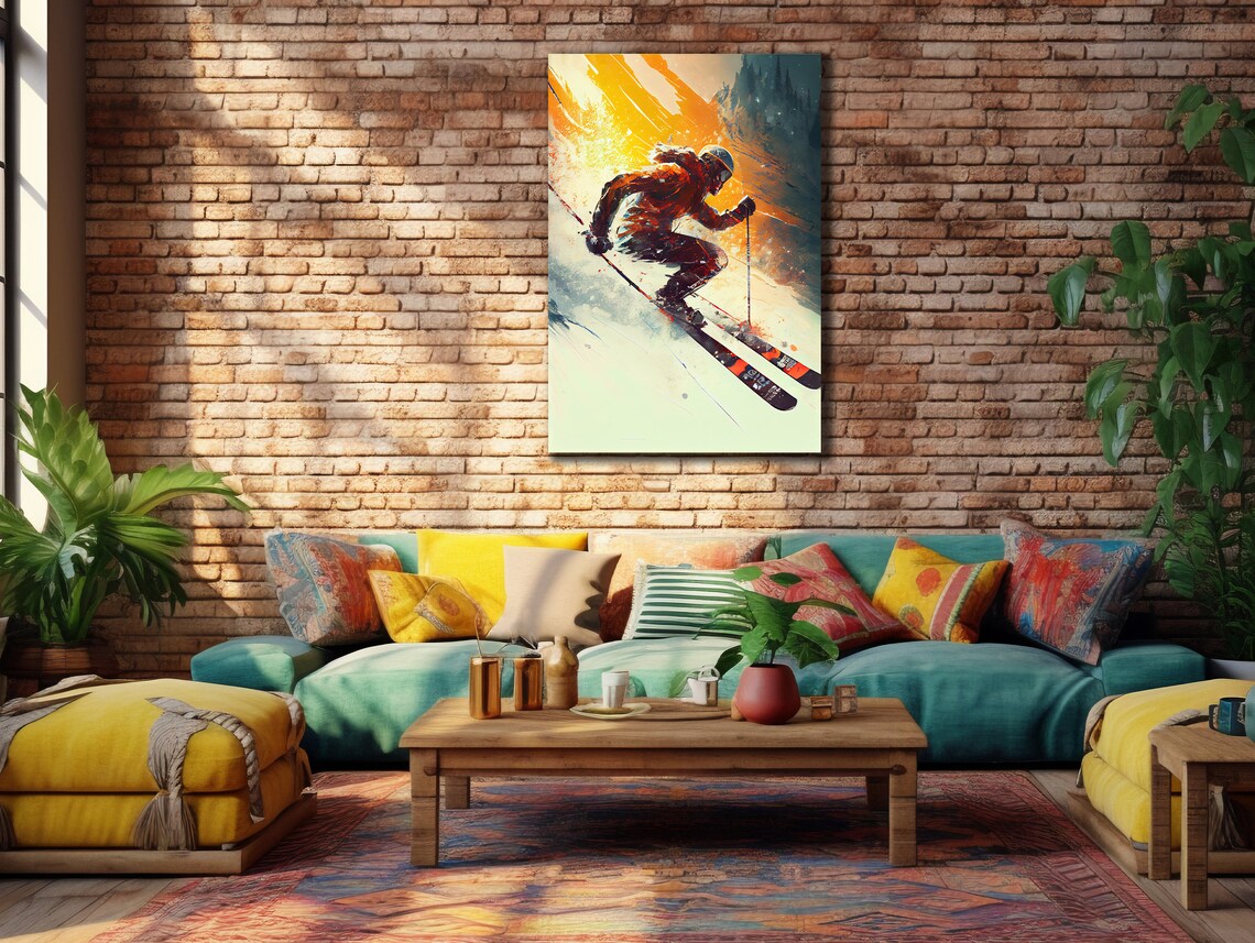 Skier Carving Downhill Slope Vibrant Watercolor Sports Wall Art