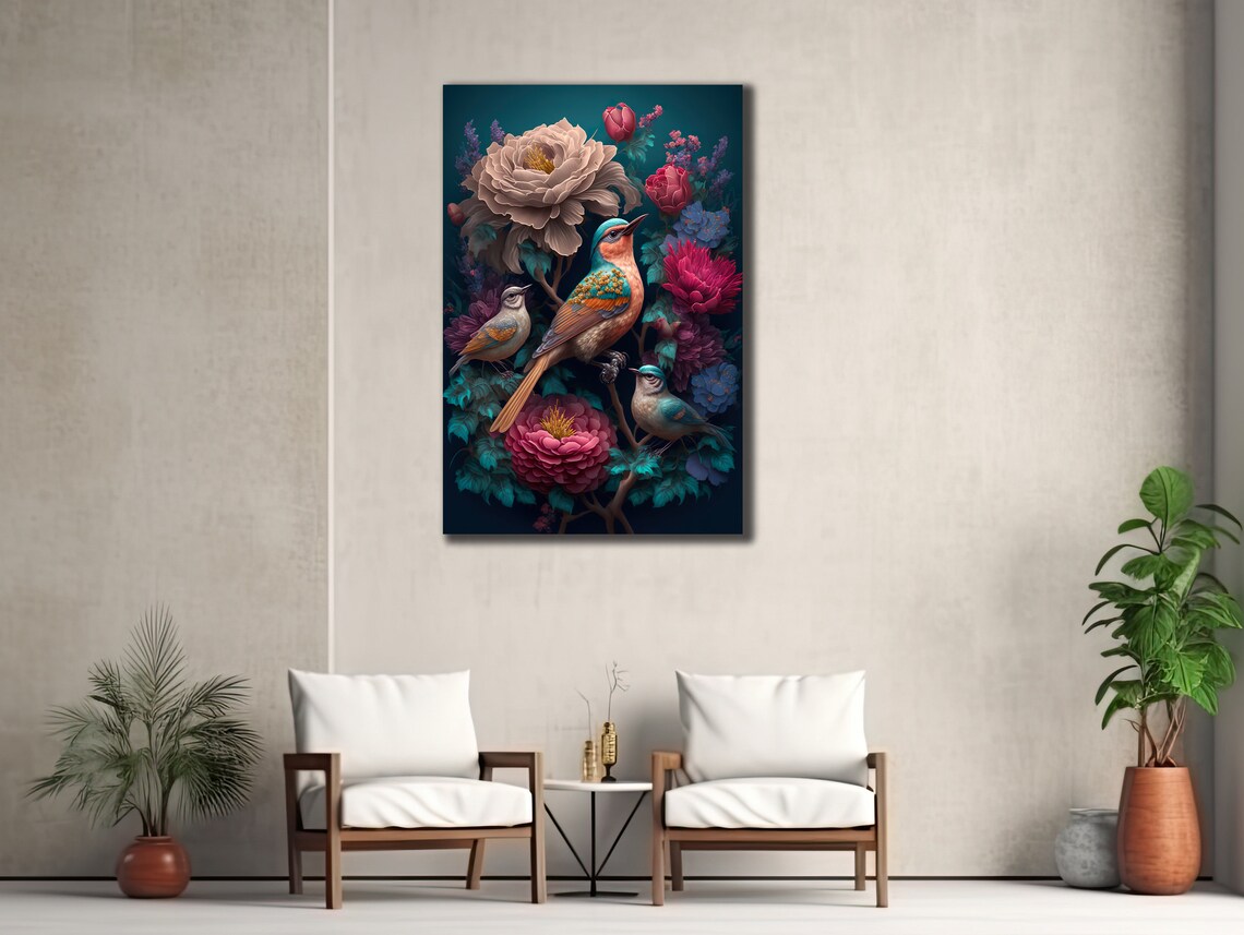 Colorful Songbirds and Peonies Floral Bird Art Teal Wall Poster