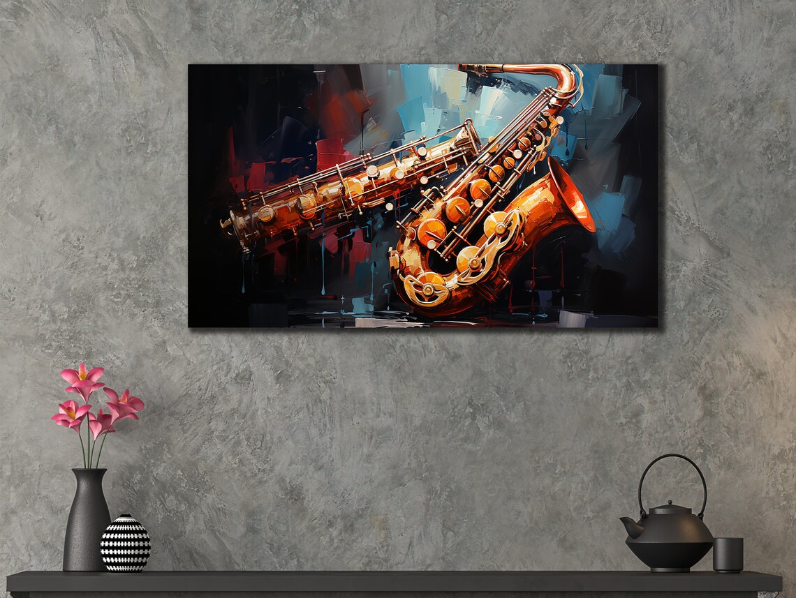 Golden Saxophone Dark Blue Abstract Jazz Instrument Glow Poster - Image 3