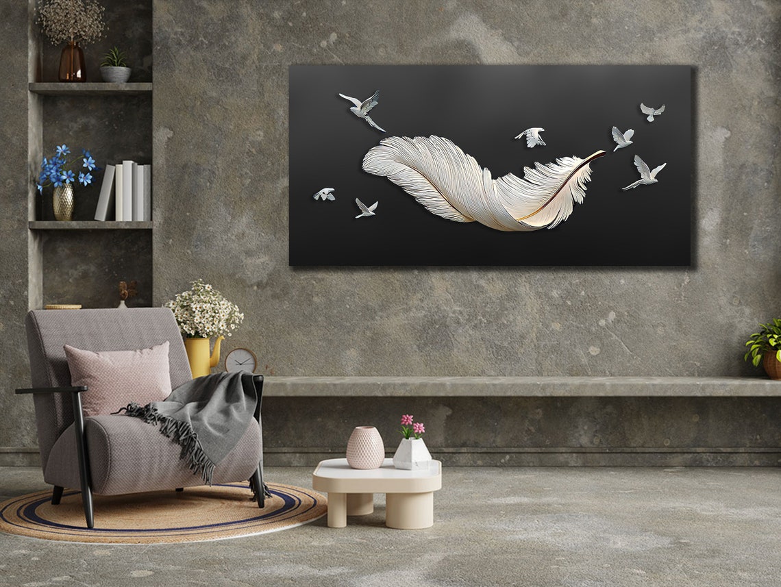 White Feather Birds Minimalist Black Background Wall Art Poster - Image 2