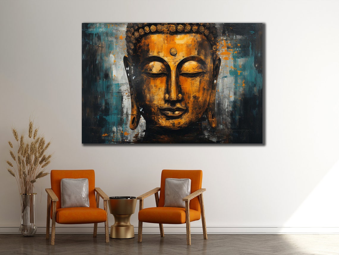 Serene Golden Buddha Face Abstract Teal Dark Zen Wall Art Poster