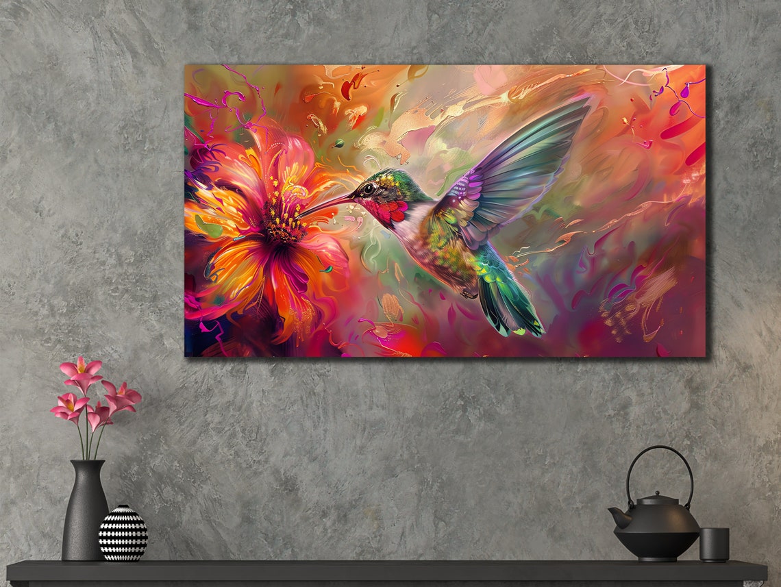 Hummingbird Orange Flower Nectar Purple Abstract Bird Wall Art - Image 3