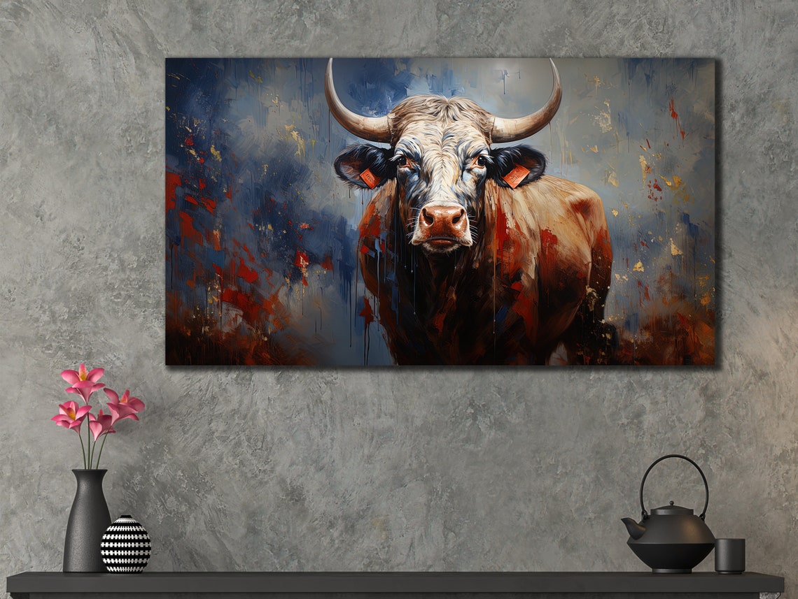 Abstract Horned Cow Portrait Bold Red Blue Farmhouse Style Poster - Image 2