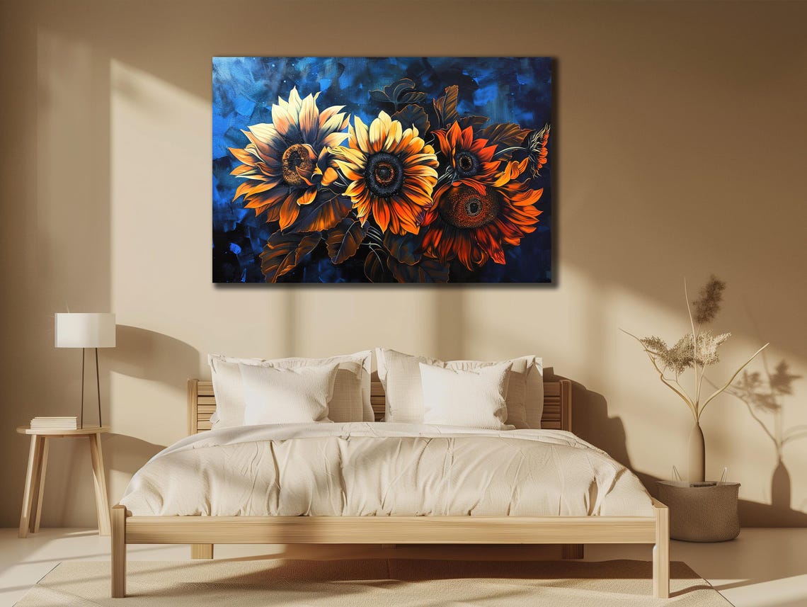 Golden Sunflowers on Deep Blue Starry Night Floral Wall Art Poster