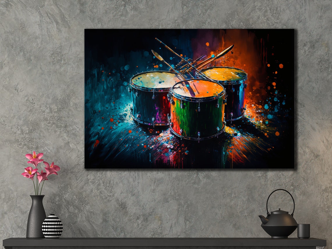 Colorful Neon Drums Crossed Drumsticks Paint Splash Music Poster - Image 3