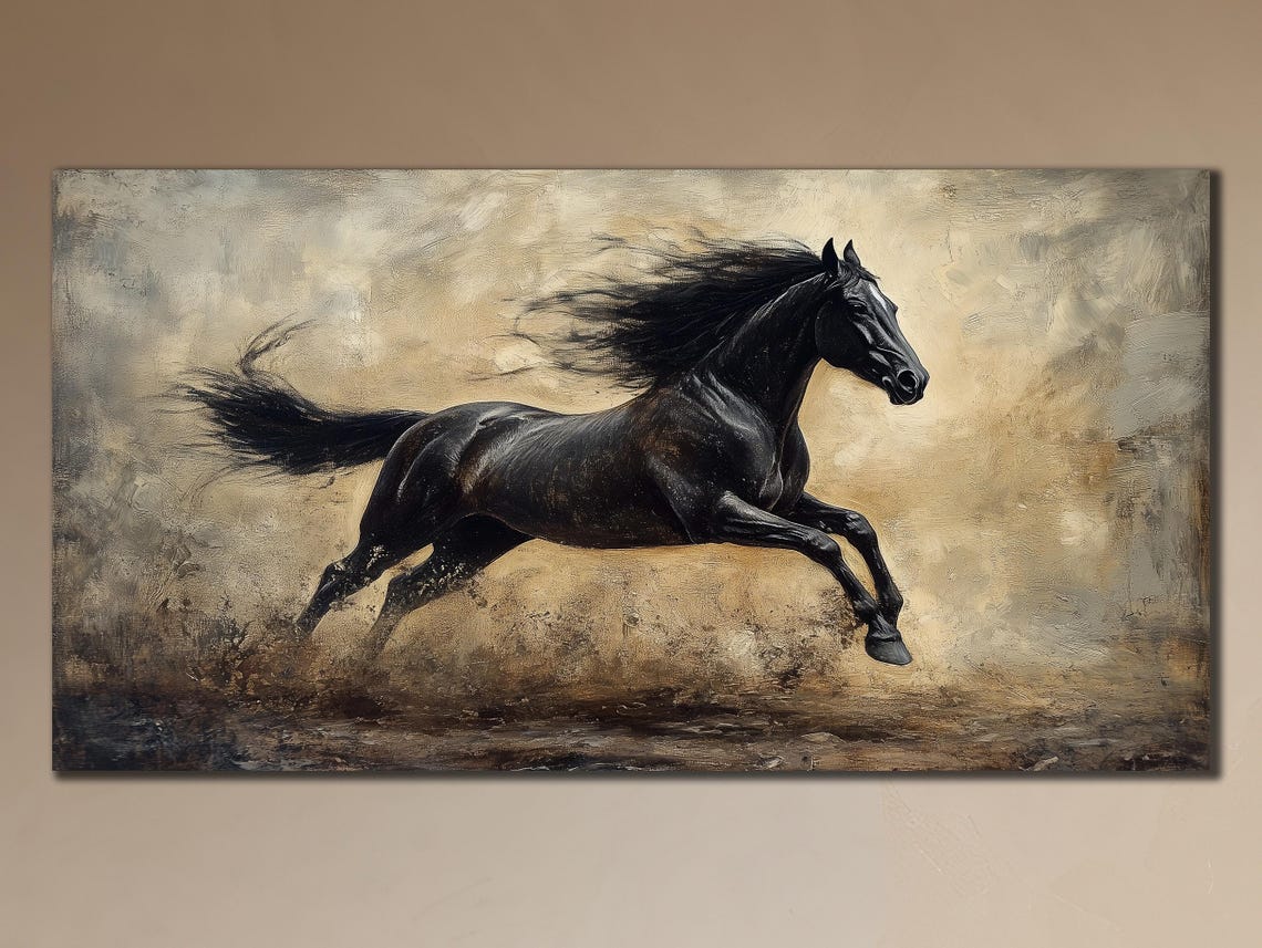 Black Horse Galloping Dramatic Dusty Textured Oil Painting Poster - Image 3