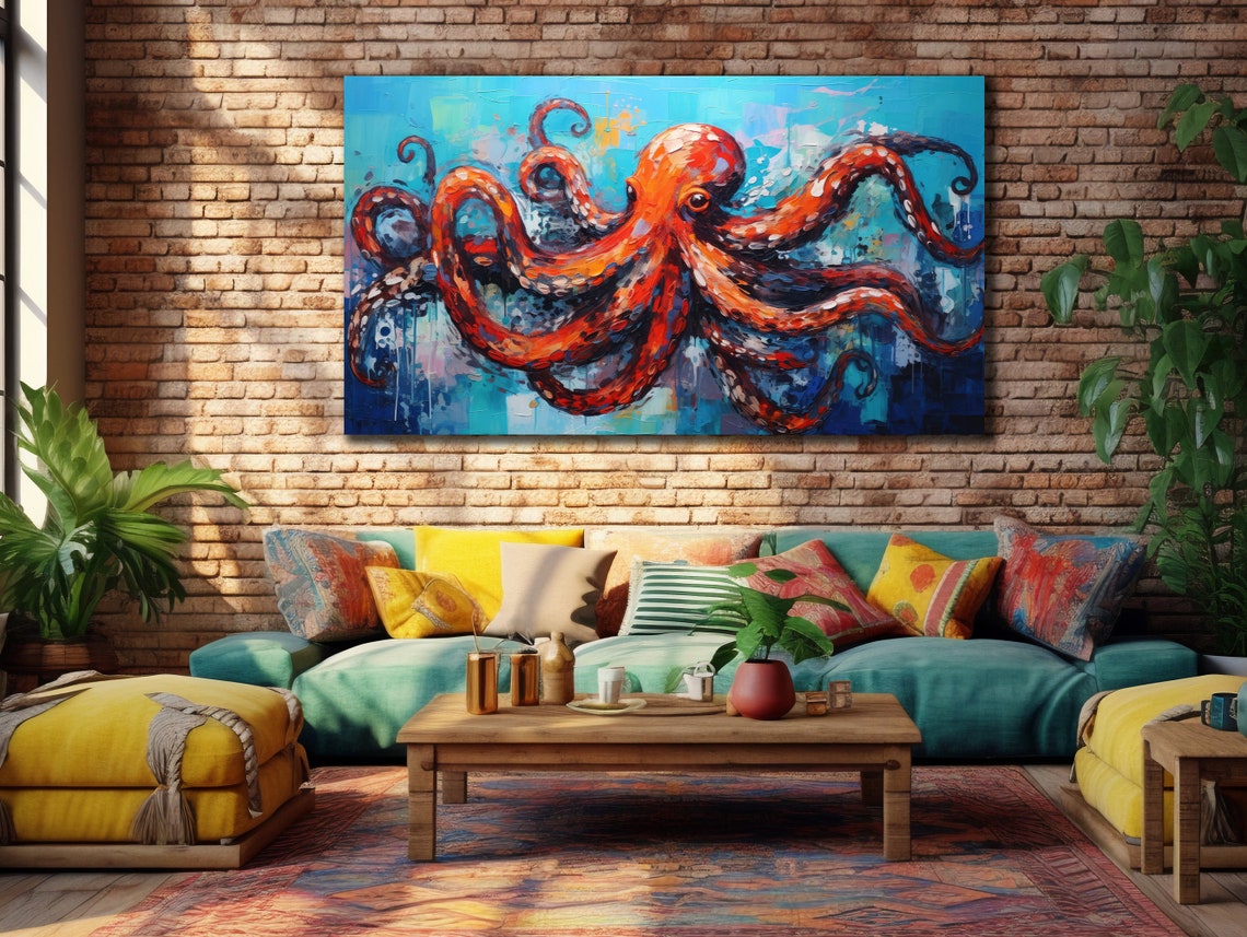 Red Octopus Blue Ocean Bold Curling Tentacles Sea Life Poster - Image 2