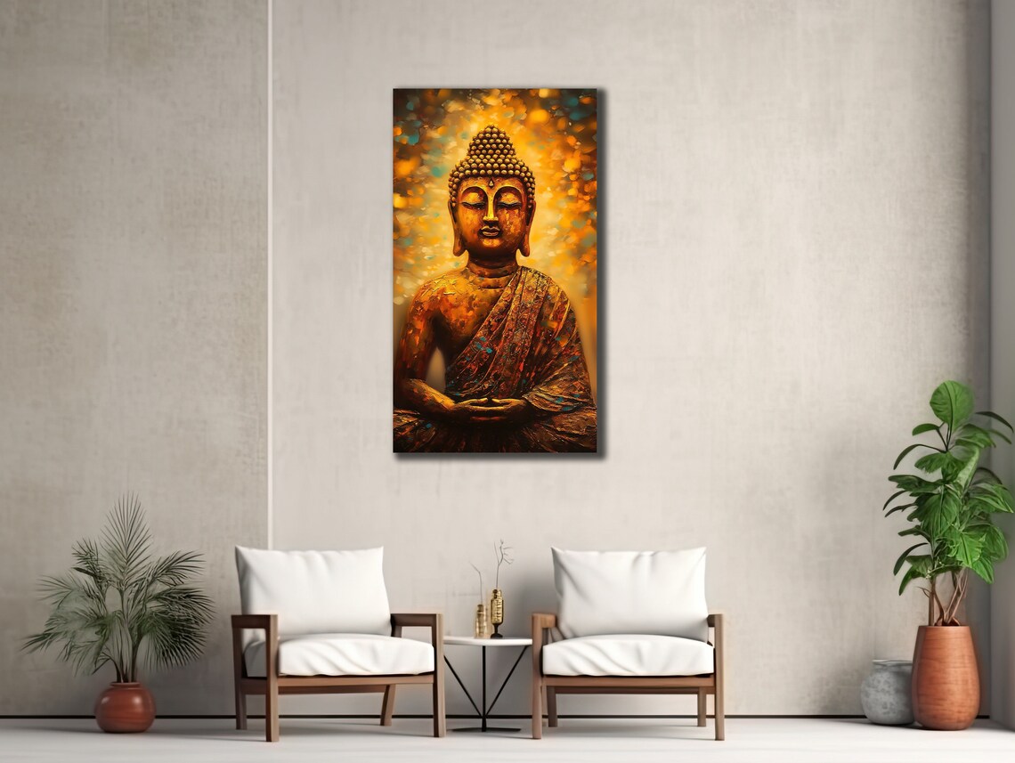 Meditating Buddha Statue Golden Bokeh Light Spiritual Calm Wall Art Poster