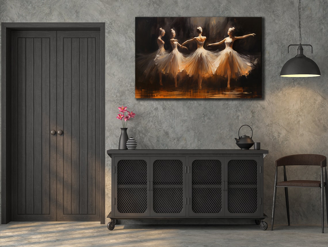 Four Ballerinas Dancing Stage Dark Golden Ballet Wall Art Poster - Image 3
