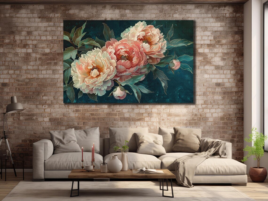White Blush Peonies Dark Teal Chinoiserie Floral Wall Art Poster - Image 2