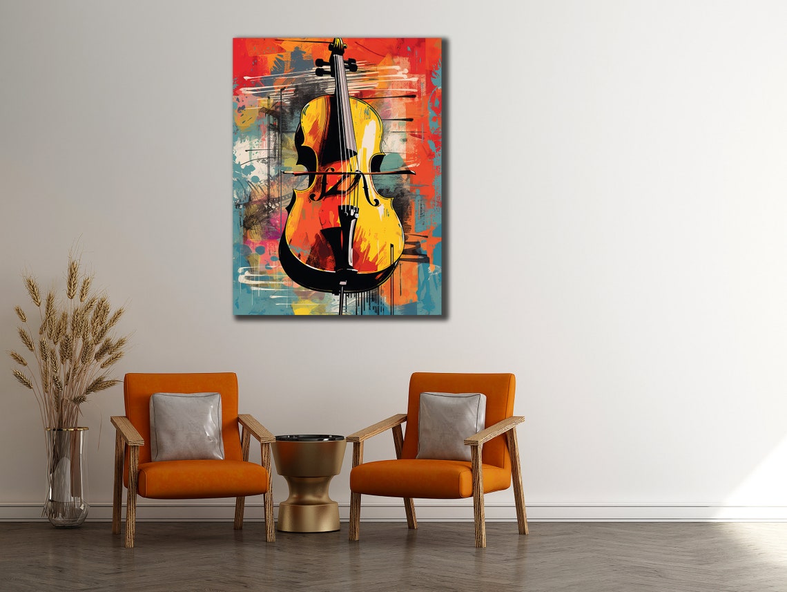 Cello Standing Abstract Brushwork Orange Yellow Strings Art Poster - Image 2