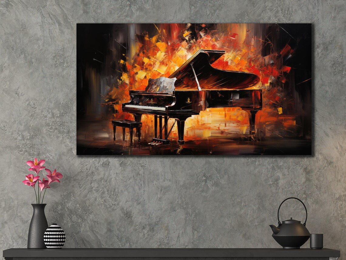 Black Grand Piano Fiery Ember Abstract Oil Painting Music Art Print - Image 2