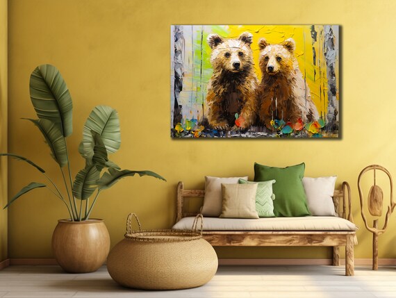 Bear Cubs in Birch Forest Yellow Palette Knife Painting Woodland Wall Art Poster